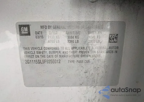 2015 Chevrolet Impala 1Lt from USA, damaged, VIN 2G1115SL9F9250012